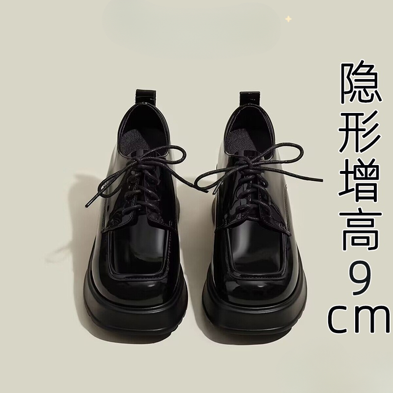 红蜻蜓牌内增高小皮鞋女2023年新款秋季黑色英伦学生系带松糕厚底