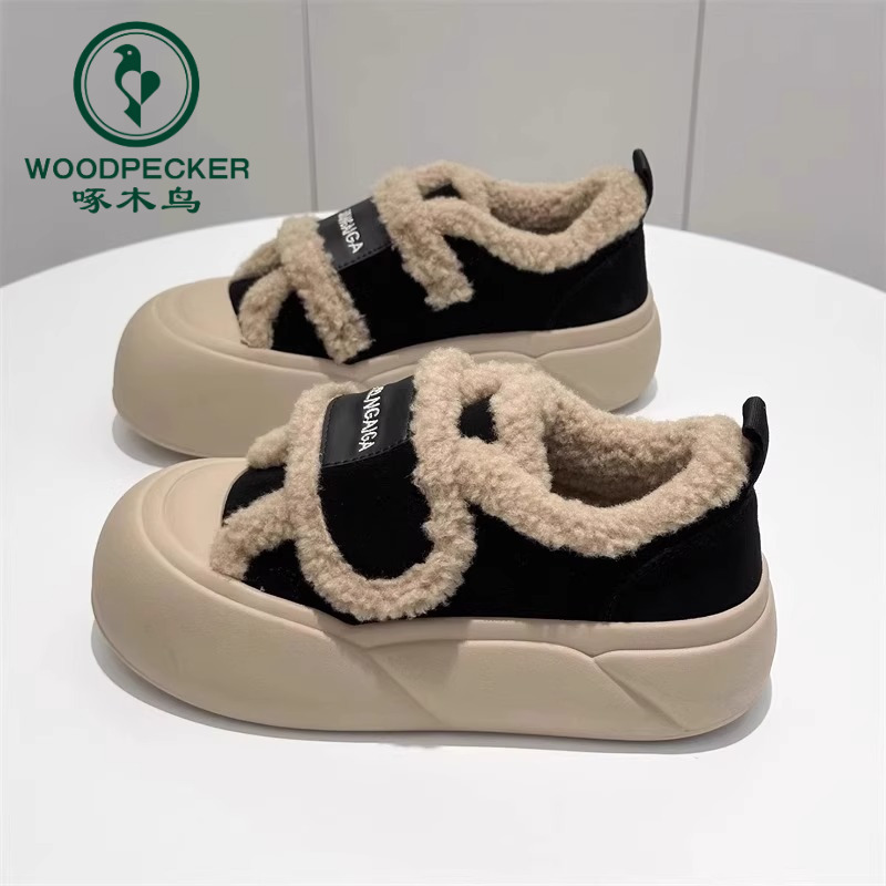 啄木鸟魔术贴棉鞋女冬加绒加厚2025秋冬新款一脚蹬乐福鞋面包鞋潮