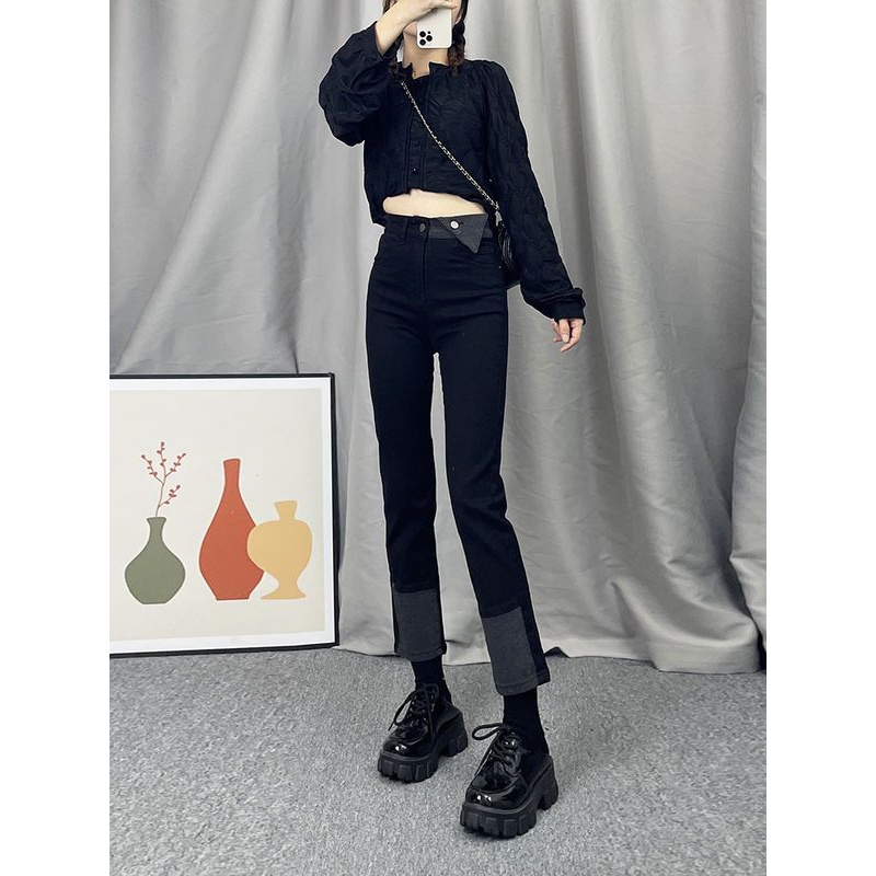 【主播推荐】高腰直筒牛仔裤子女秋冬2023年新款黑色显瘦加绒女装