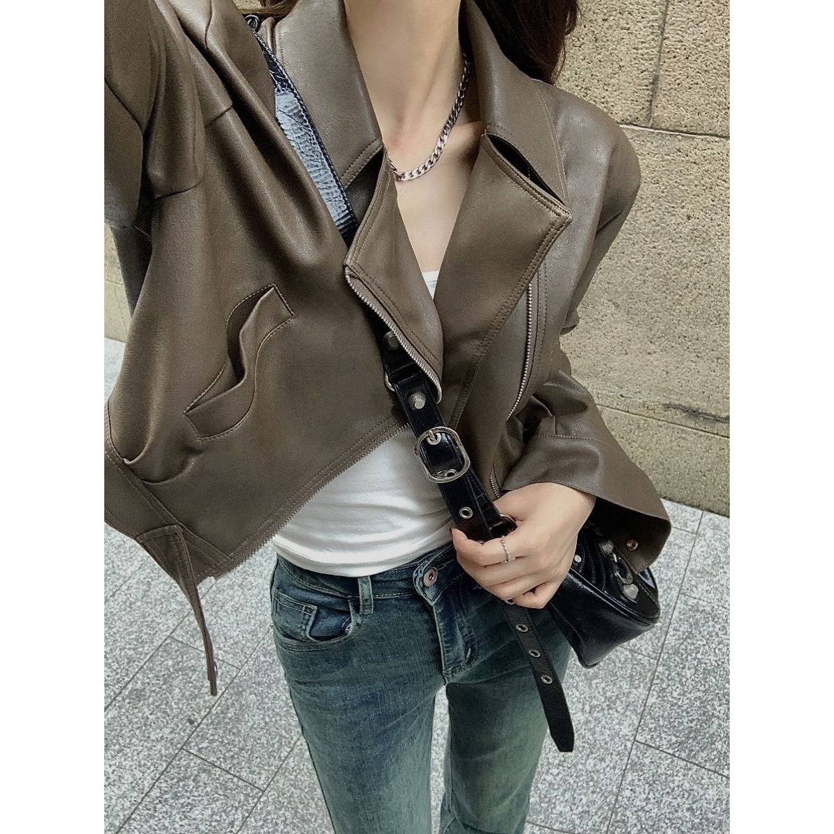 美式复古机车酷辣美拉德咖色上衣2023秋季新款短款皮衣外套上衣潮