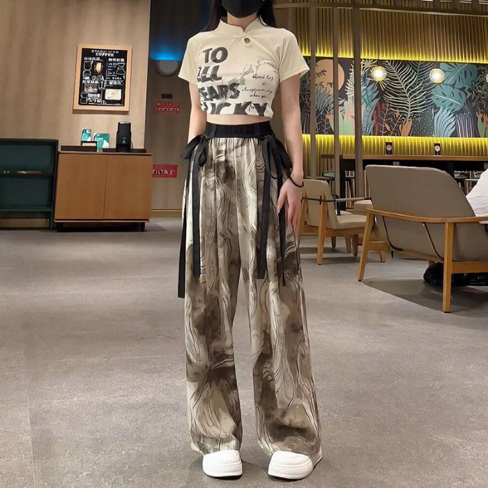 水墨画阔腿裤女夏季薄款2024年新款韩版高腰垂感国风扎染冰丝裤子