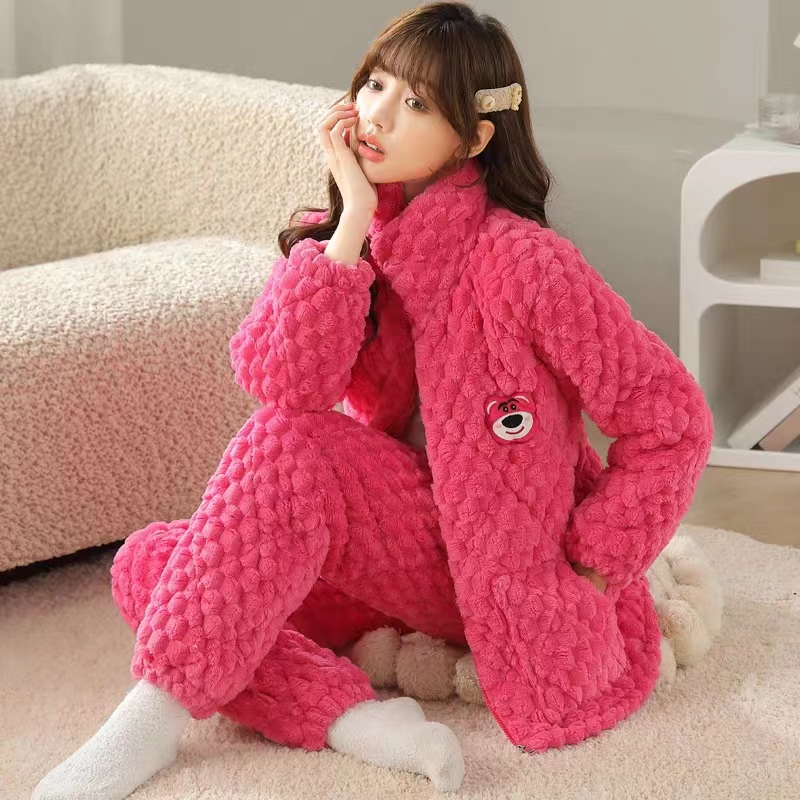 A睡衣三层夹棉女冬季加厚保暖棉袄拉链卡通可爱甜美家居服两件套