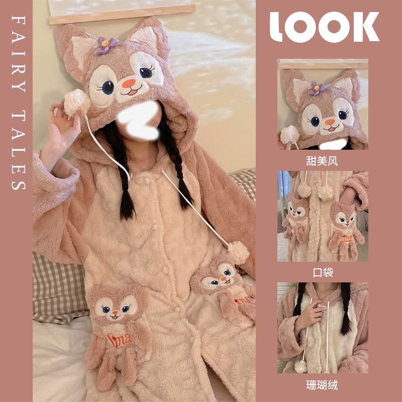 C睡衣女秋冬季玲娜贝儿剪花绒加绒加厚长袖长裤睡袍网红家居服套