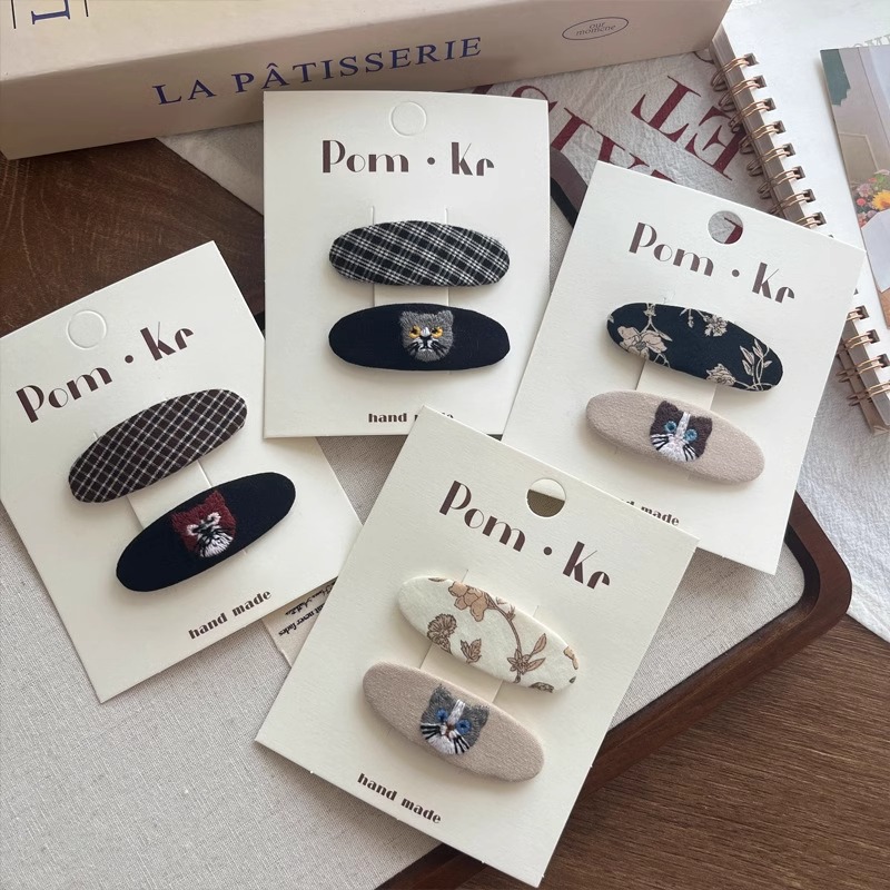 秋季新款黑色印花可爱卡通猫咪格纹发夹掰掰夹刘海夹侧边夹发饰