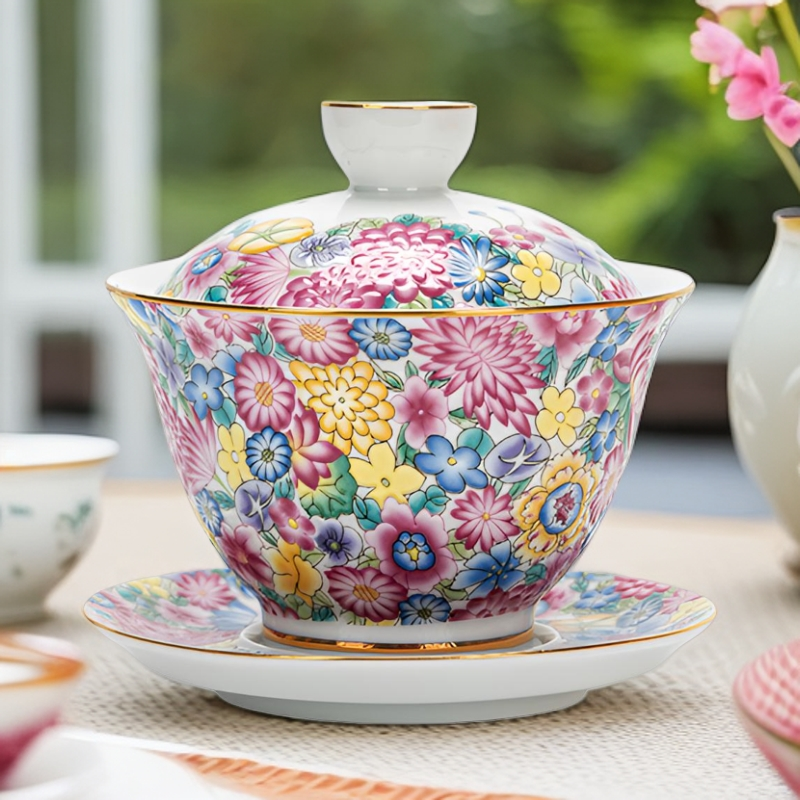 中式珐琅彩高档三才盖碗描金陶瓷功夫茶具泡茶碗万花茶盏防烫小号