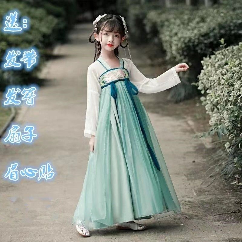 巴巴童装汉服女童汉服连衣裙古装超仙儿童齐胸襦裙中国风荷花仙女