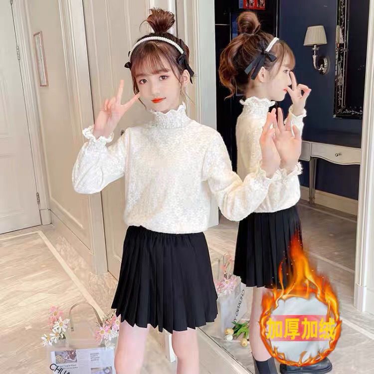 巴巴童装女童打底衫长袖秋冬款蕾丝洋气中大童上衣2023新款韩版加