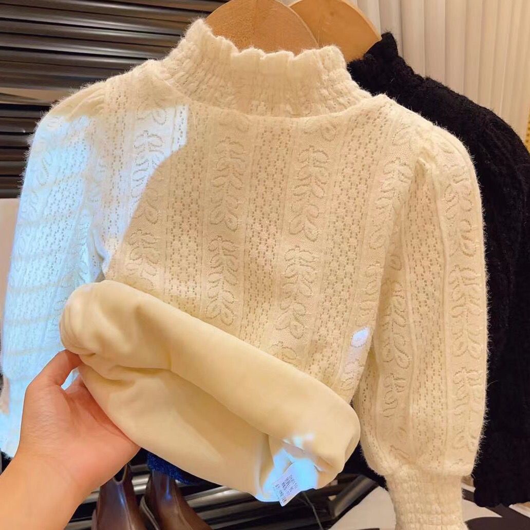 巴巴童装女童打底童装韩版蕾丝新款加绒加厚洋气儿童2023高领长袖