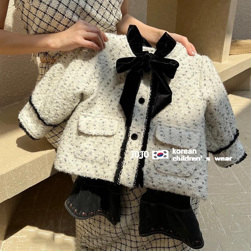 巴巴童装韩国童装女童小香风外套秋装2023新款儿童气质粗花呢上衣