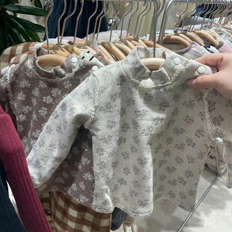 巴巴童装韩式婴儿衣服秋冬洋气百搭婴幼儿加绒碎花打底衫2023新款