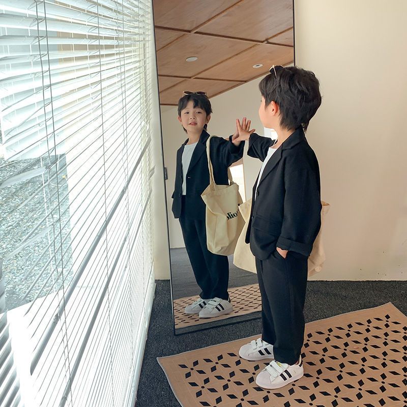 巴巴童装韩国儿童西装套装秋季男童韩版帅气黑色西服三件套宝宝纯