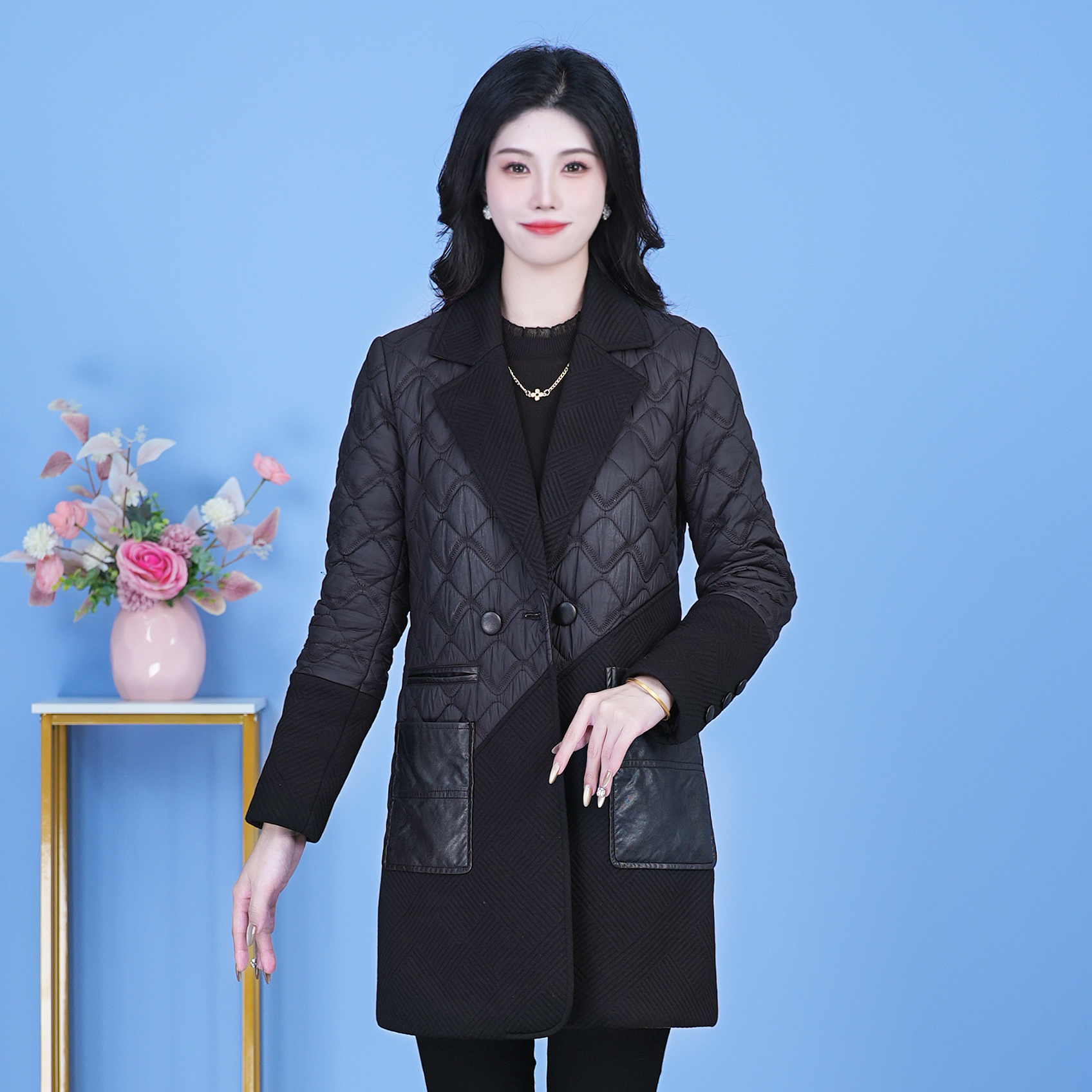 【SJYC523】冬季新款时尚显瘦气质百搭保暖黑色中长款休闲棉服棉衣