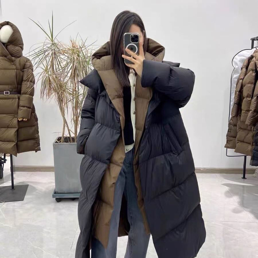 2023网红新款冬季韩版拼色连帽假两件羽绒服欧版加厚宽松显瘦外套