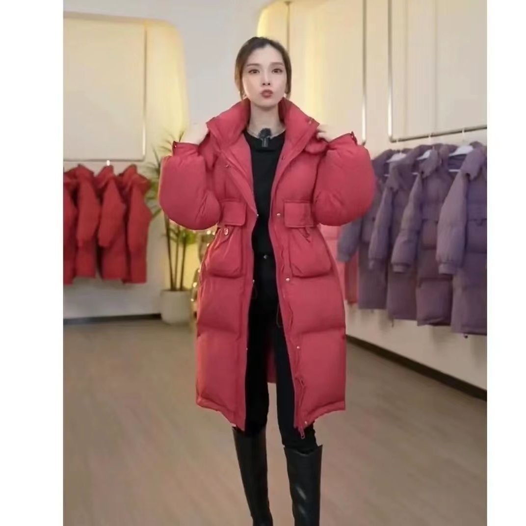 逸格服饰羽绒服女中长款白鸭绒过膝系带外套潮牌反季2023新款冬装
