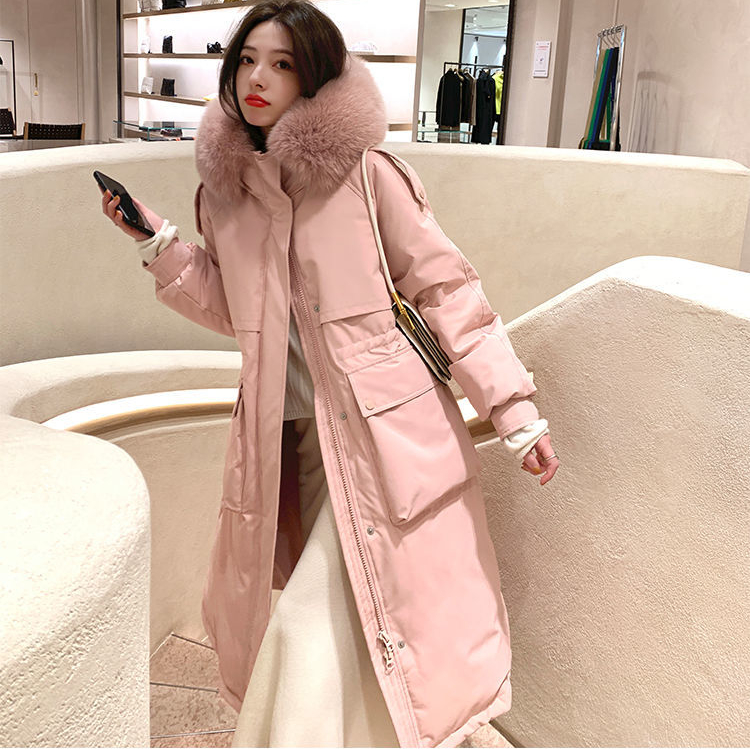 逸格服饰真白鸭绒羽绒服女中长款2023季新款大毛领韩版过膝网红时