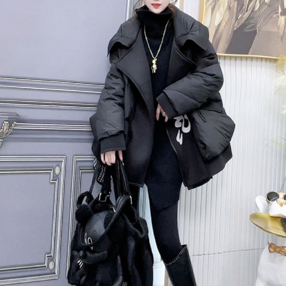 西装领拼接字母印花羽绒棉服女2023年冬季新款宽松设计感小众外套