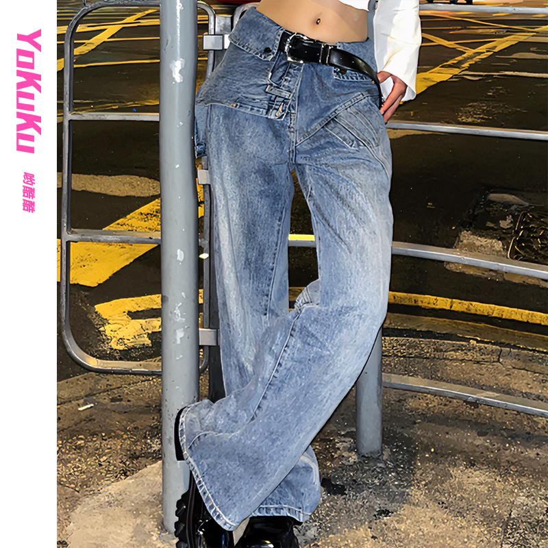 哟酷酷（野蛮女友）美式复古小众中高腰遮肉显瘦不规则假两件牛仔裤