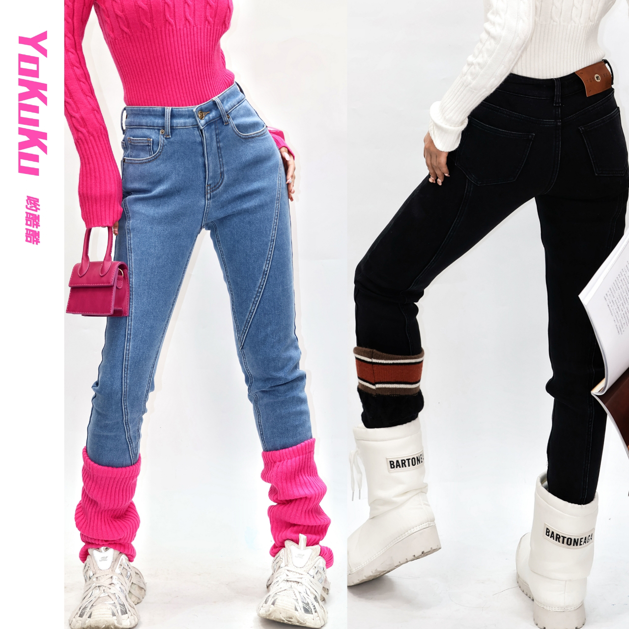 哟酷酷（芭比公主）美式复古加厚绒提臀修身显瘦百搭小脚牛仔裤70