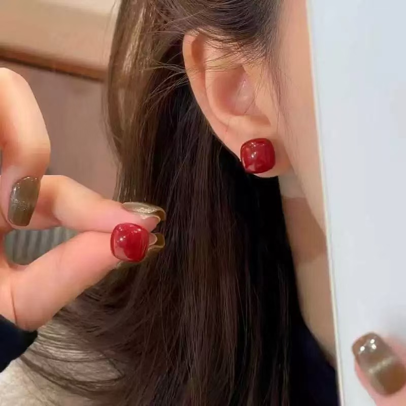 铜合金耳饰 红色小方糖珠珠耳钉女耳环众简约百搭耳饰N2224
