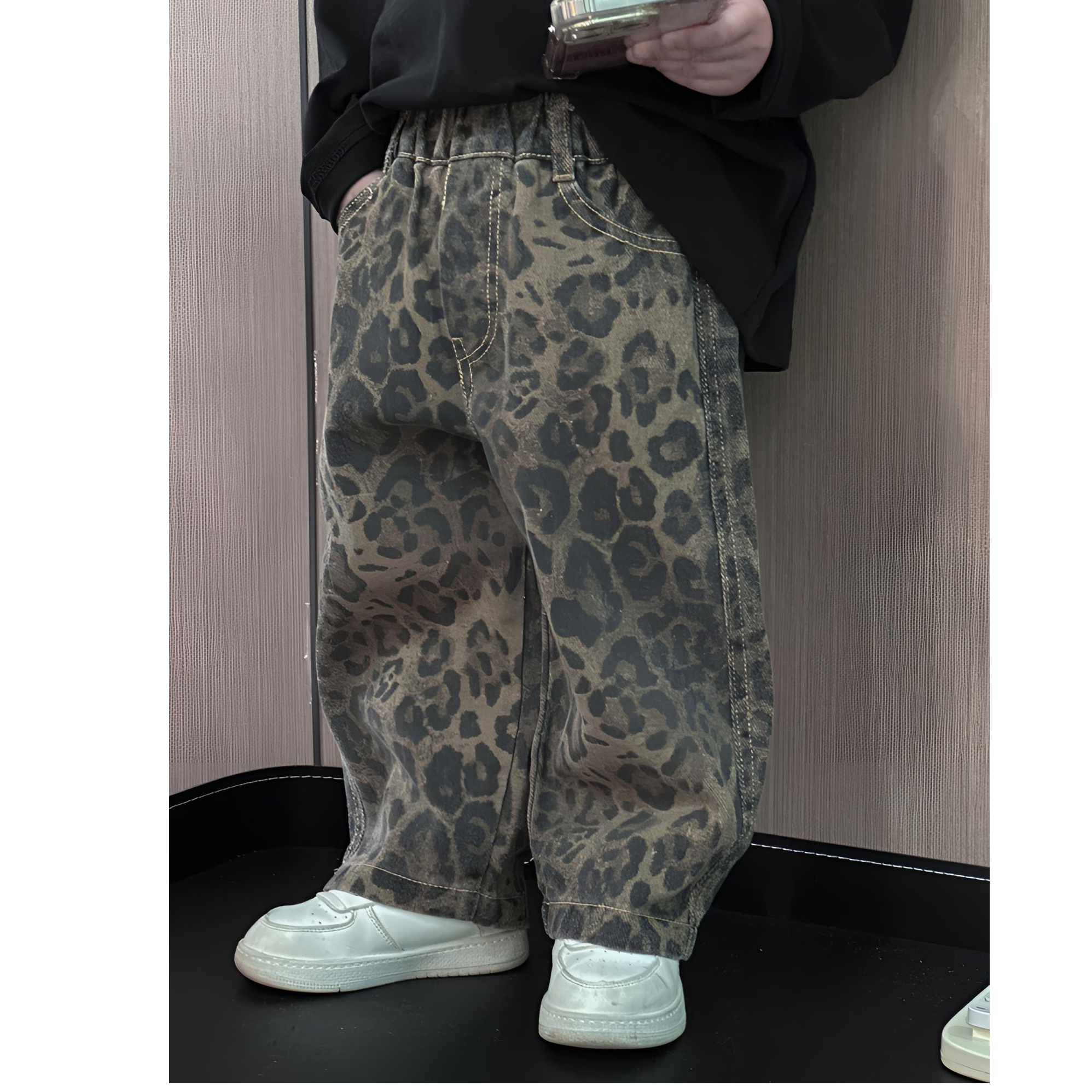 儿童秋季新款韩版潮流时尚牛仔裤宝宝洋气休闲痞帅豹纹牛仔裤潮