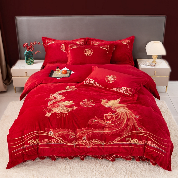 JIUYEJIAFANG/九叶家纺九叶家纺新款牛奶绒刺绣婚庆大红四件套