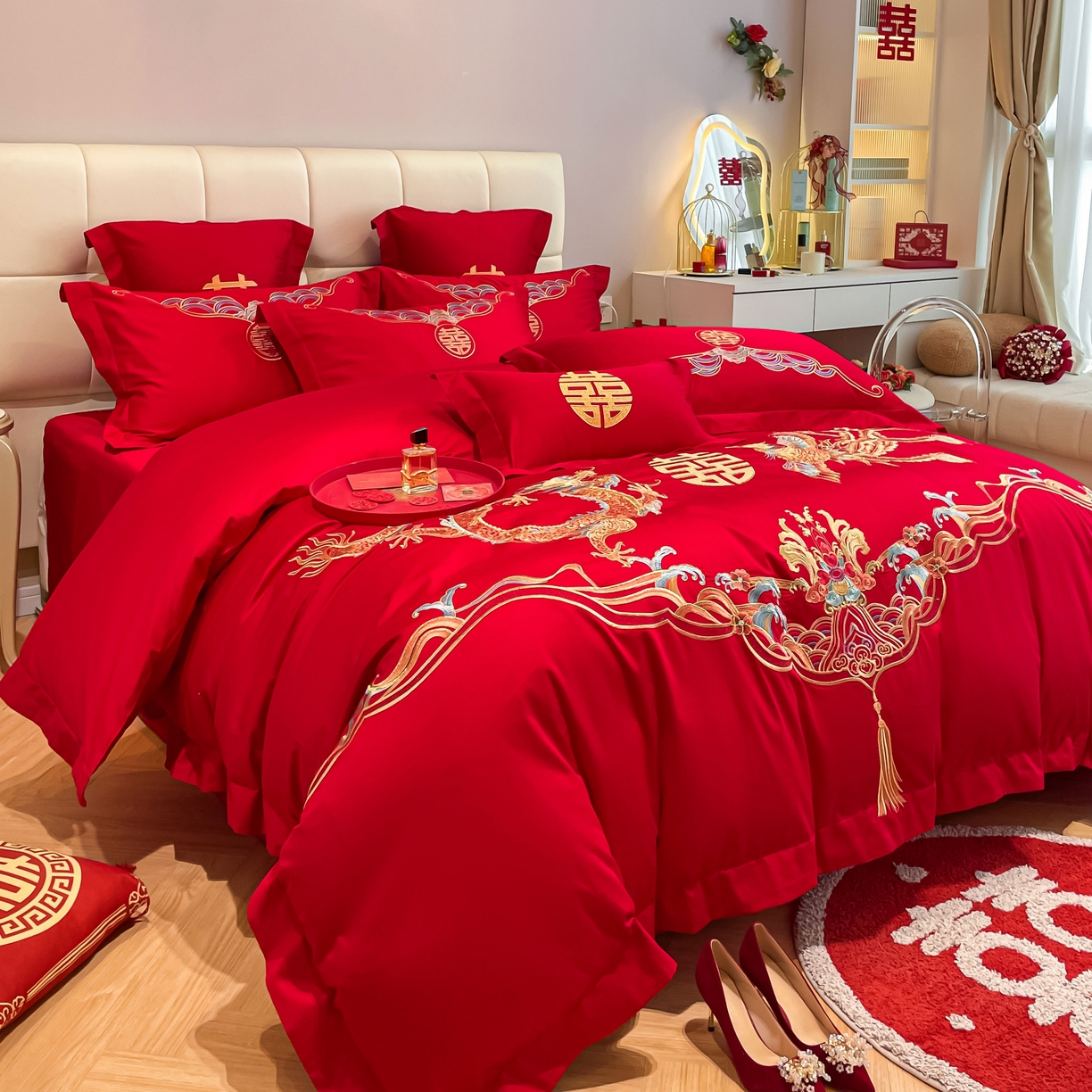 JIUYEJIAFANG/九叶家纺特价婚庆款磨毛大红婚庆刺绣四件套六件套