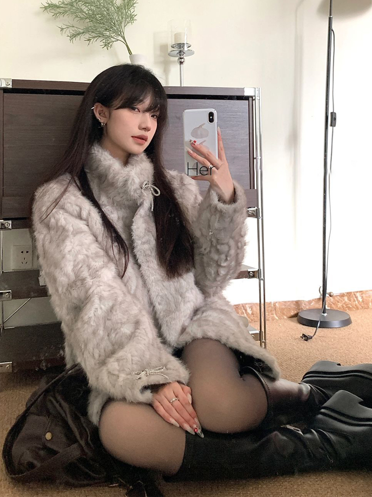 立领染尖蝴蝶结毛毛外套女冬加厚气质中长款毛毛大衣宽松