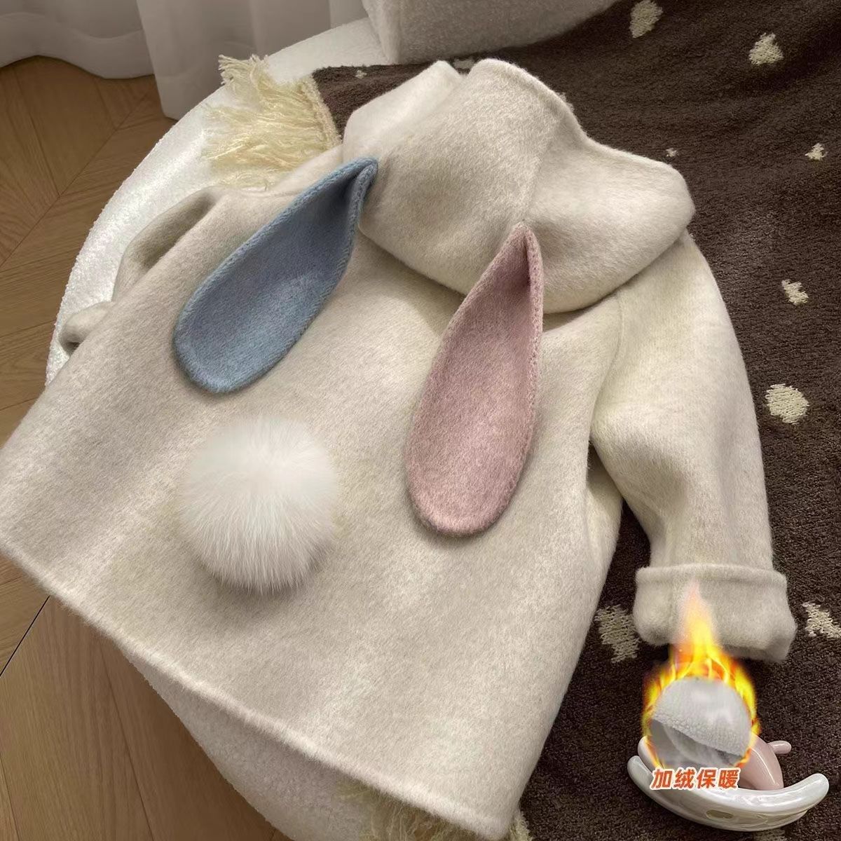 女童外套2023秋冬新款兔子双面羊毛呢上衣冬季大衣女宝宝加绒加厚