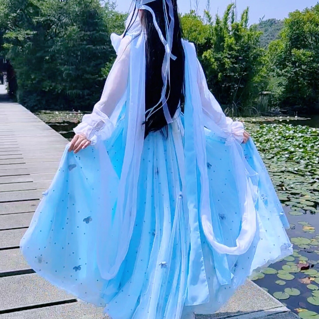 《7-10天工期》原创古装人鱼姬蓝白色钉珠纱花仙女服