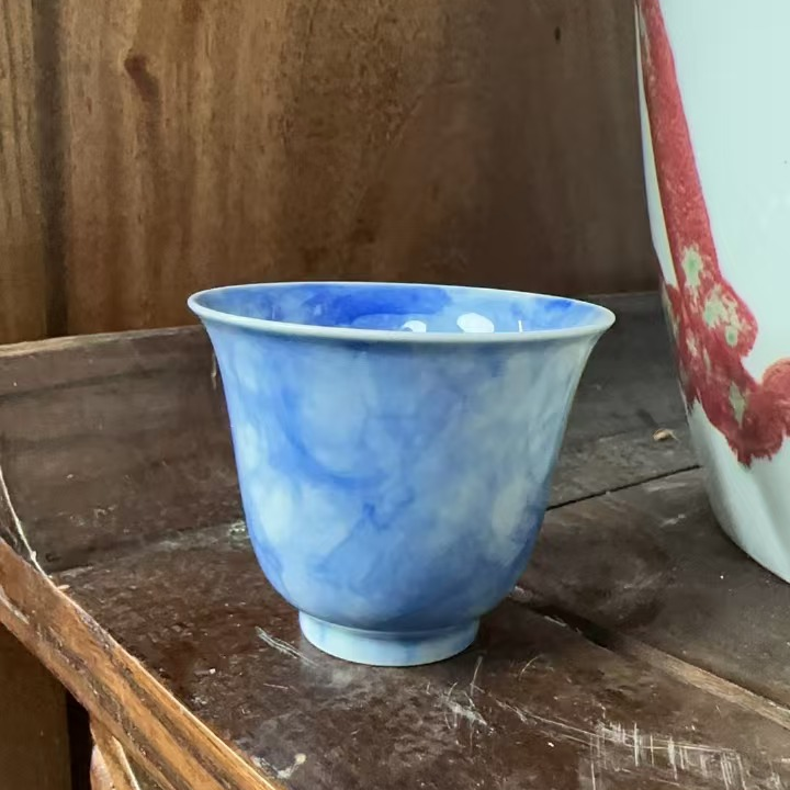 景德镇全手工手绘手工制作青花釉下泼沫随意流滩法主人杯