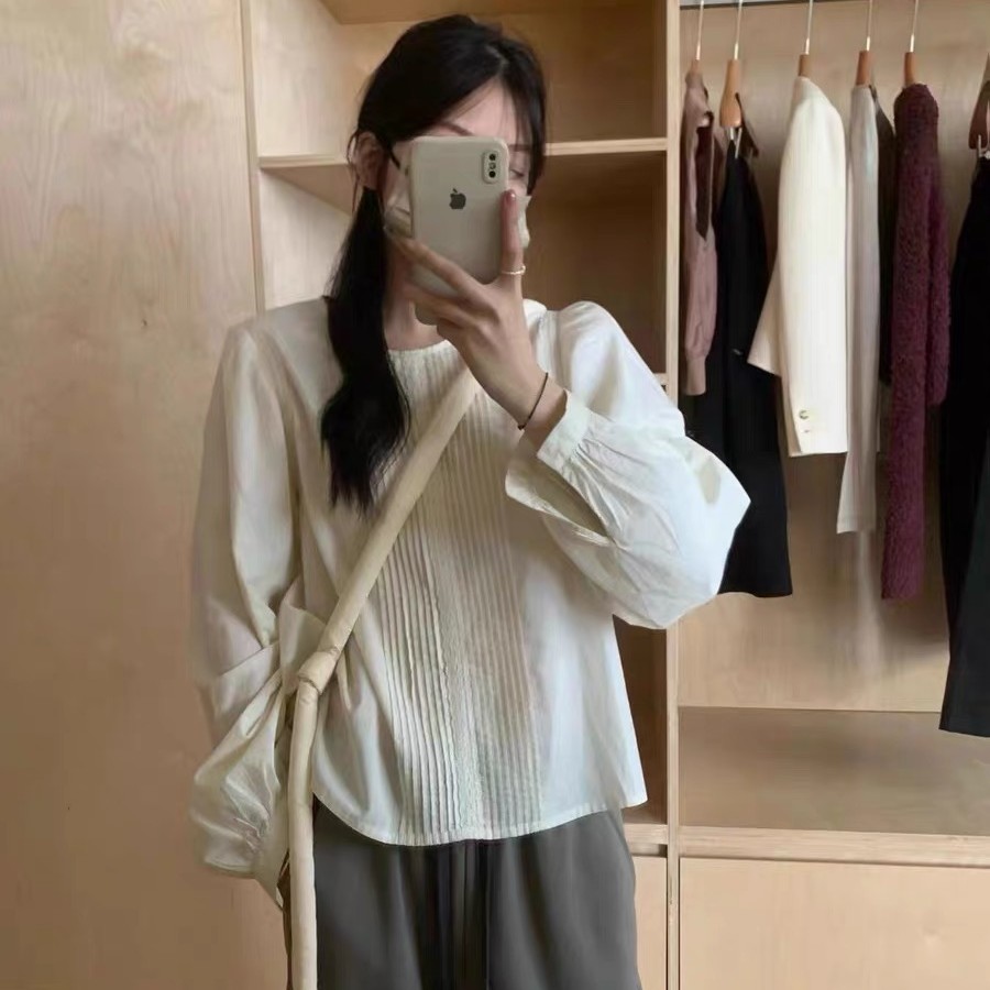 韩系圆领一粒扣褶皱设计感衬衫2023夏季韩版灯笼袖上衣