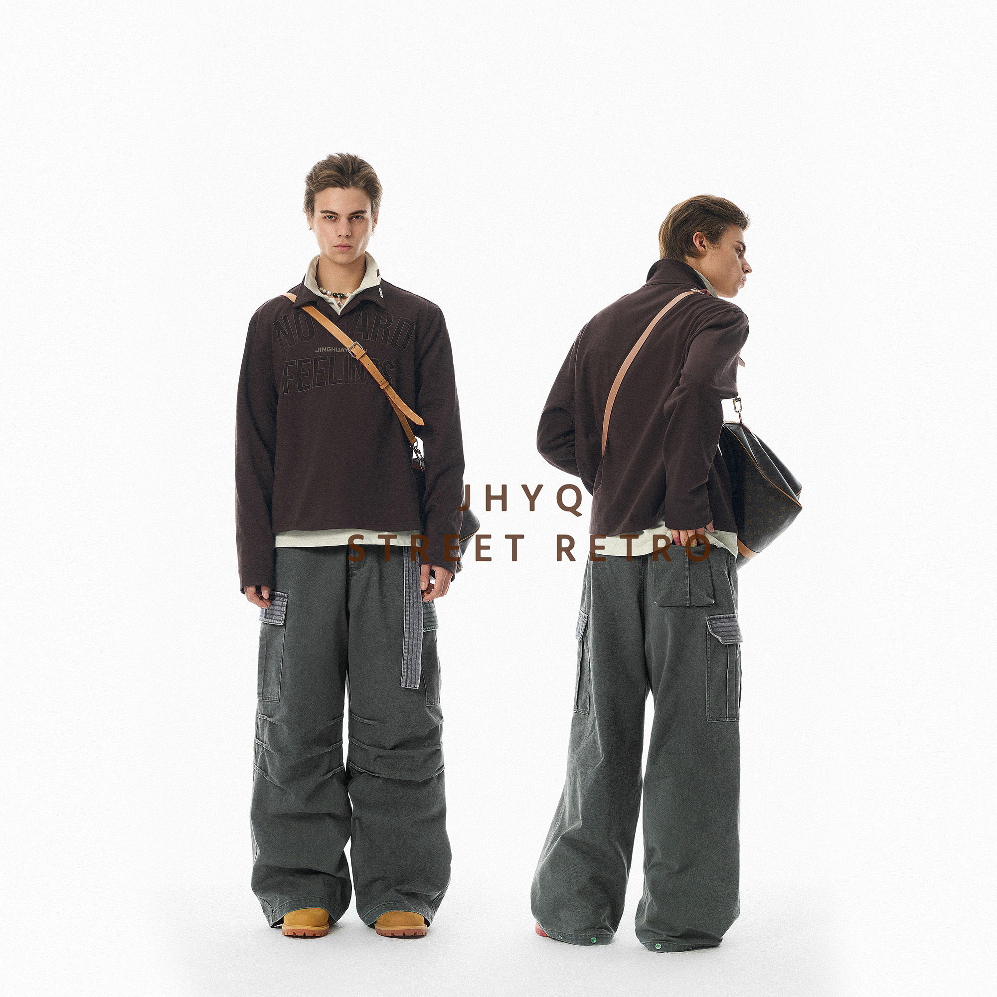 【JHYQ】休闲工装裤男宽松直筒撞色褶皱美式复古伞兵裤593