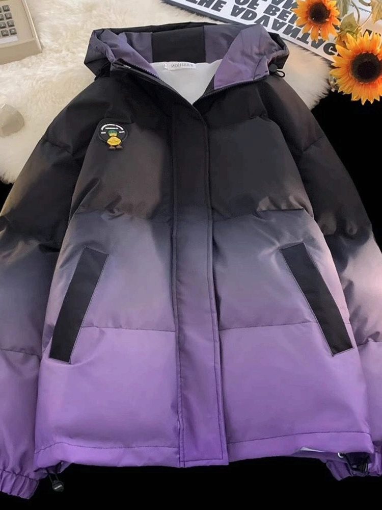 羽绒服休闲百搭潮流加绒假两件ins保暖ol连帽宽松加厚秋冬渐变色