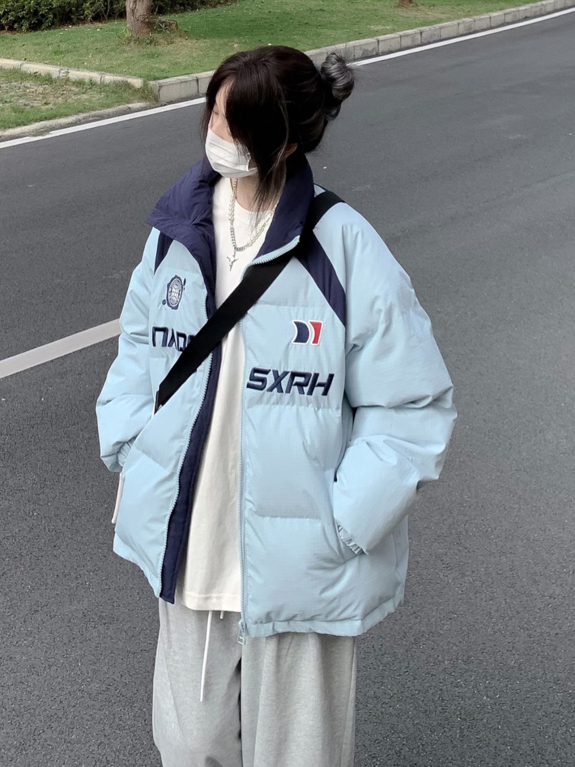 羽绒服情侣百搭港风服服美式潮牌高街字母刺绣撞色衣服女加厚保暖