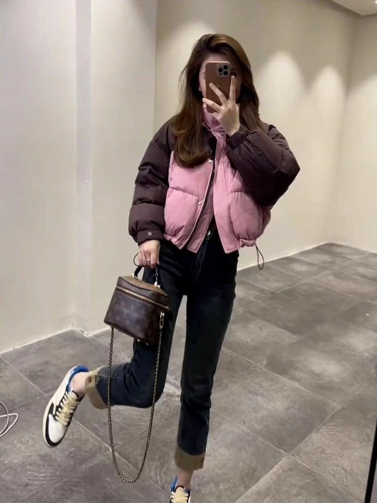 羽绒服服秋冬装2023年新款小香风短款加厚保暖外套小个子粉色手塞
