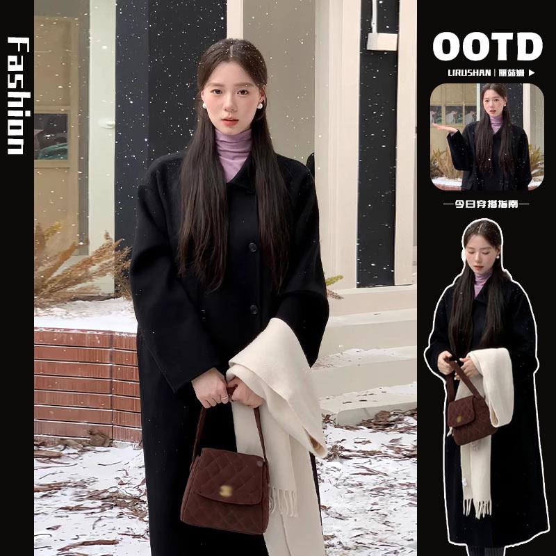 韩系黑色大衣女秋冬季2024新款赫本风长款小个子毛呢子外套高级感