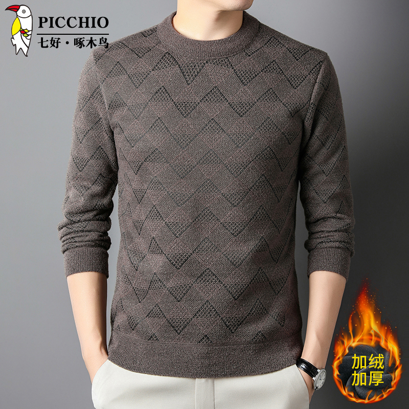 七好啄木鳥雪尼秋冬男士圆领加绒加厚雪尼尔毛衣保暖青年装休闲男