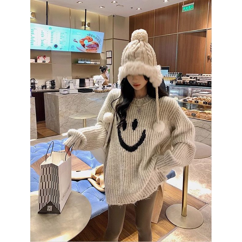 秋冬新款慵懒风宽松笑脸圆领毛衣女美拉德穿搭中长款套头针织衫