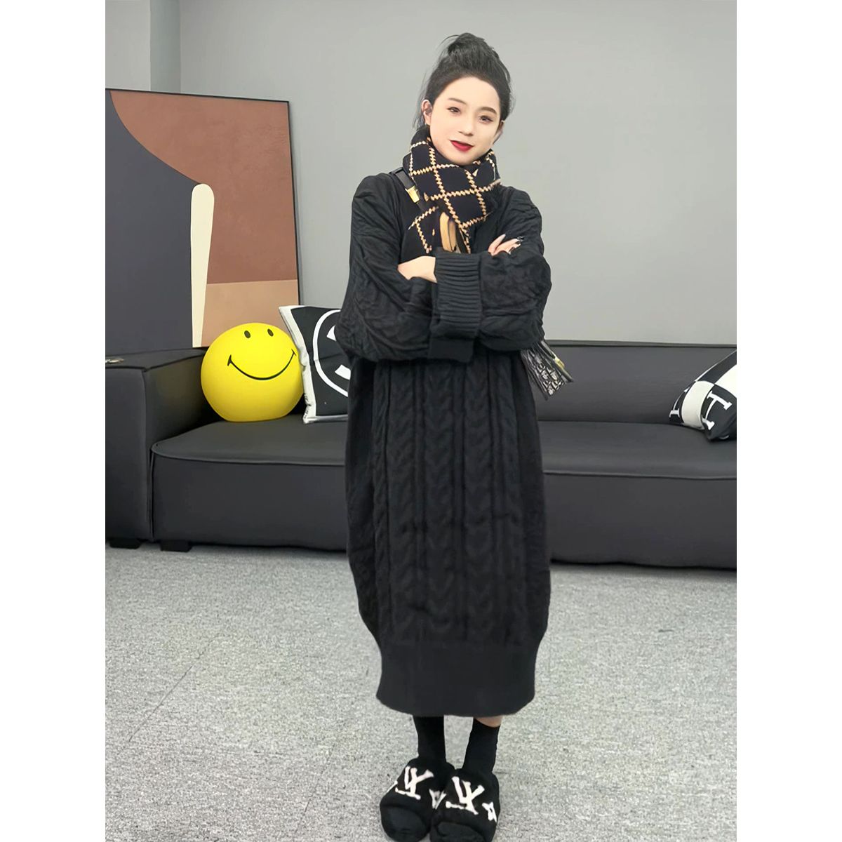 慵懒风麻花毛衣裙女秋冬新款加厚慵懒风中长款百搭针织连衣裙