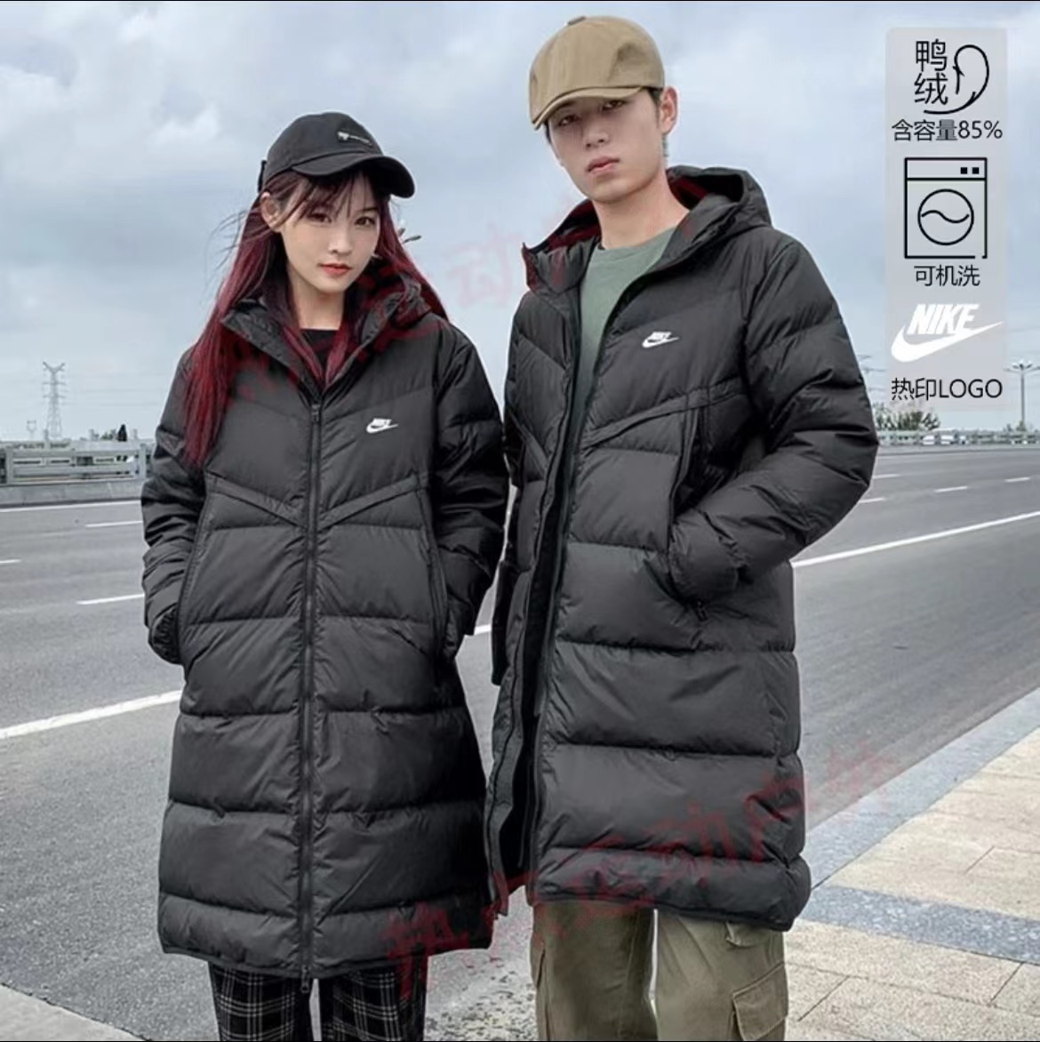 NIKE耐克 男女款纯色logo印花连帽冬季长款保暖羽绒服 DV1134-010