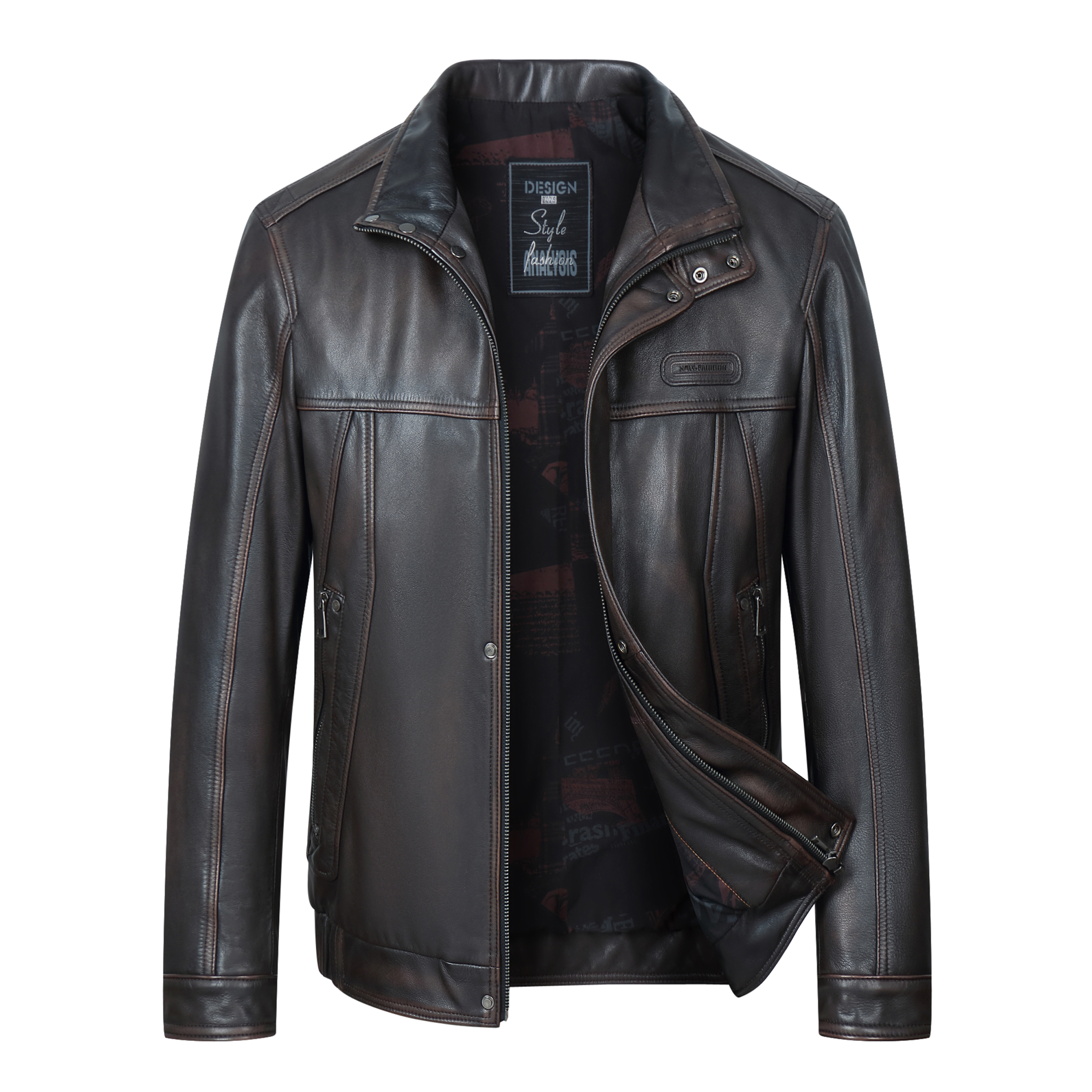 山羊皮真皮夹克美拉德系做旧磨边海宁新款复古休闲外套短款396