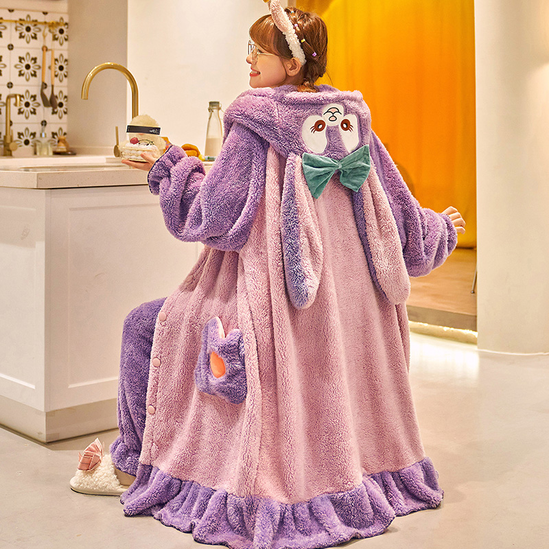 珊瑚绒睡袍女士秋冬季睡衣女连帽加厚保暖法兰绒卡通家居服 2163
