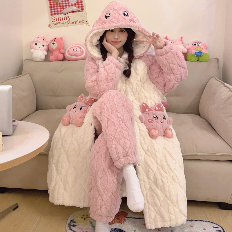 三层夹棉加厚加绒睡袍可外穿冬季睡衣女士卡通珊瑚绒家居服 8999