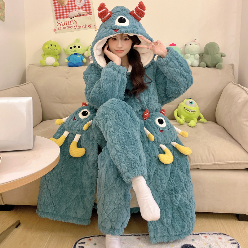 三层夹棉加厚加绒睡袍可外穿冬季睡衣女士卡通珊瑚绒家居服 9013