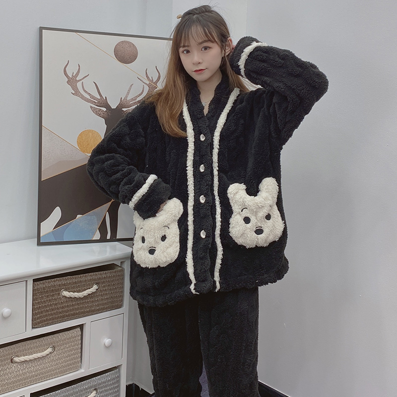 秋冬季法兰绒睡衣女士加厚加绒珊瑚绒可外穿宽松家居服套装 2208