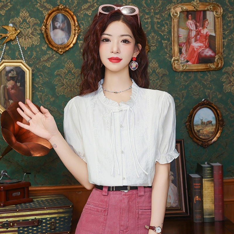 泡泡袖蕾丝花边时尚洋气短袖衬衫女夏新显瘦设计感小众气质上衣