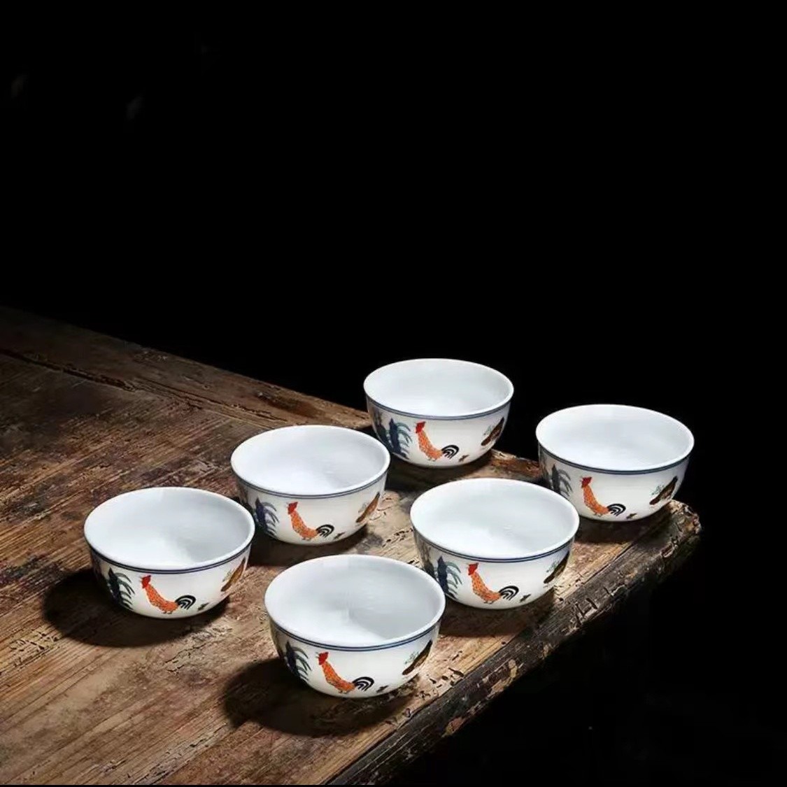 2.8亿大明成化斗彩鸡缸杯六只装德化白瓷品茗泡茶杯闻香杯主人杯