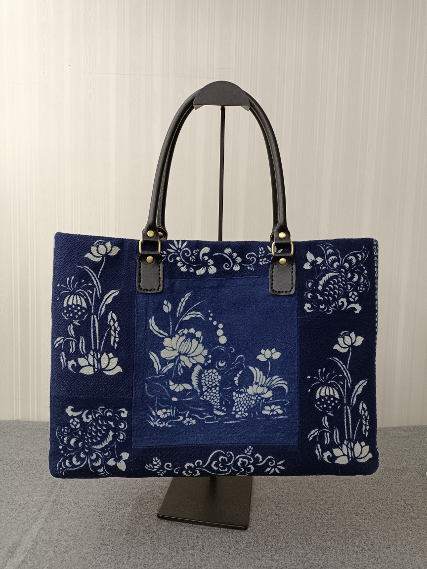 植物染蓝印花布拼布包