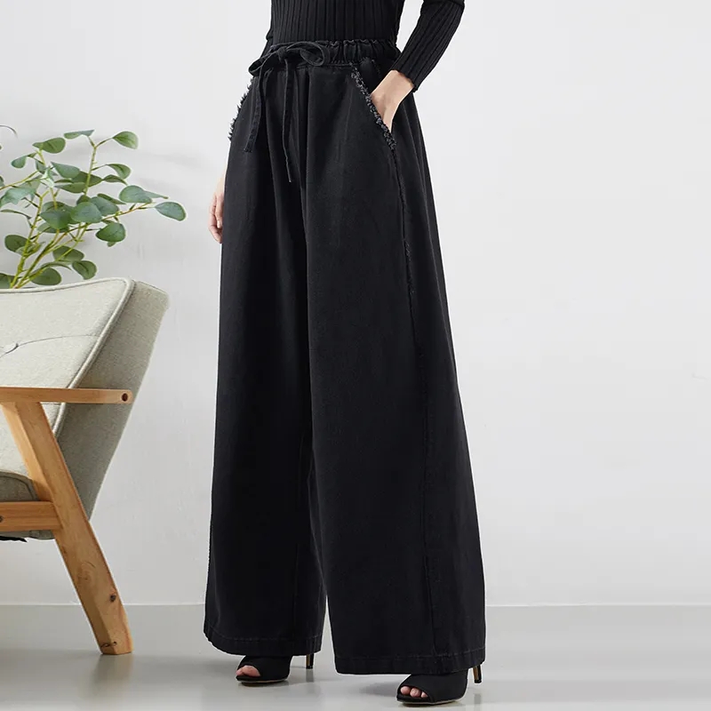 黑色松紧腰高腰牛仔裤女秋冬加绒宽松显瘦大码垂感阔腿裤女时尚