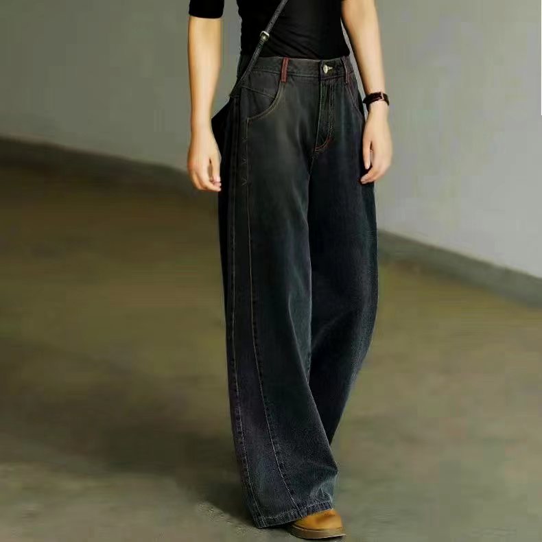 黑色直筒牛仔裤女宽松2025年春秋休闲高腰拖地垂坠感泫雅风阔腿裤